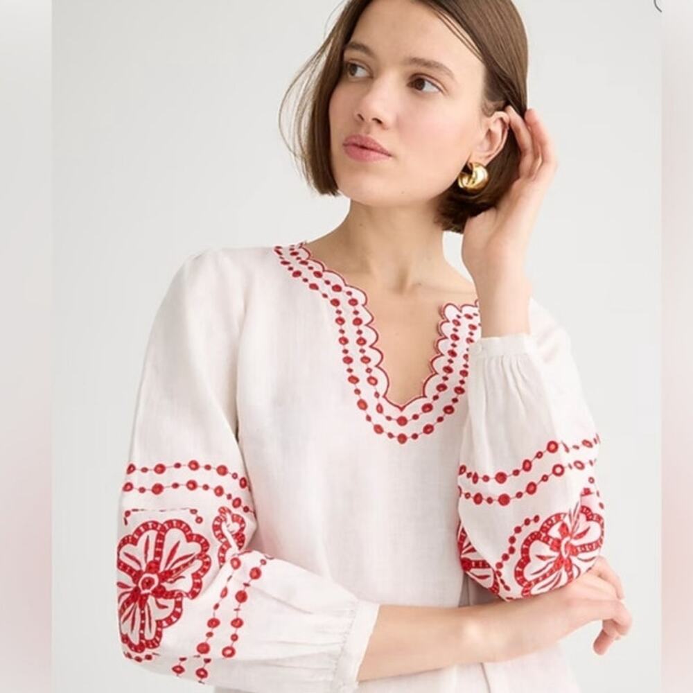 NWT J. Crew Bungalow Embroidered Dress In White Linen Red Embroidery XXS